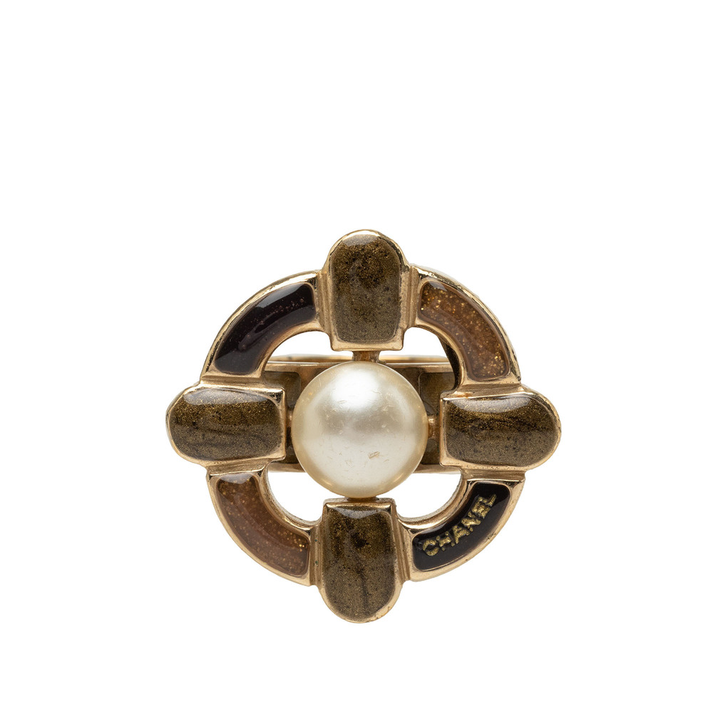 Pre-Loved Chanel Gold Plated Logo and Enamel Floral Faux Pearl Ring